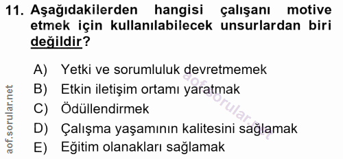 11. soru: Aşağıdakilerden hangisi çalışanı motive etmek için kullanılabilecek unsurlardan biri değildir? A) Yetki ve sorumluluk…