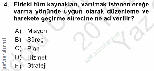 4. soru: Eldeki tüm kaynakları, varılmak istenen ereğe varma yönünde uygun olarak düzenleme ve harekete geçirme sürecine ne ad…