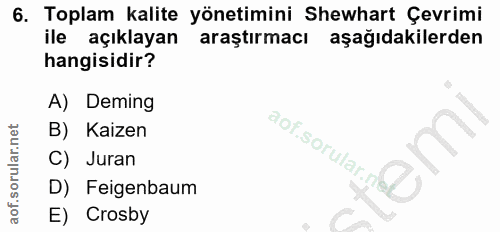 6. soru: Toplam kalite yönetimini Shewhart Çevrimi ile açıklayan araştırmacı aşağıdakilerden hangisidir? A) Deming B) Kaizen a…