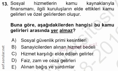 13. soru: Sosyal hizmetlerin kamu kaynaklarıyla finansmanı, ilgili kuruluşların elde ettikleri kamu gelirleri ve özel gelirlerd…