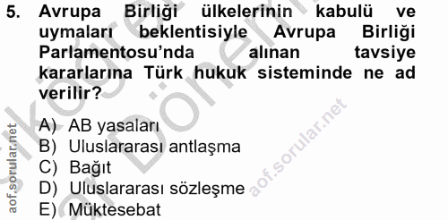 5. soru: Avrupa Birliği ülkelerinin kabulü ve uymaları beklentisiyle Avrupa Birliği Parlamentosu'nda alınan tavsiye kararların…