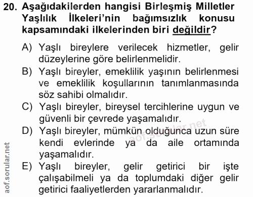 20. soru: Aşağıdakilerden hangisi Birleşmiş Milletler Yaşlılık İlkeleri'nin bağımsızlık konusu kapsamındaki ilkelerinden biri d…