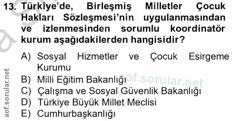 13. soru: Türkiye'de, Birleşmiş Milletler Çocuk Hakları Sözleşmesi'nin uygulanmasından ve izlenmesinden sorumlu koordinatör kur…