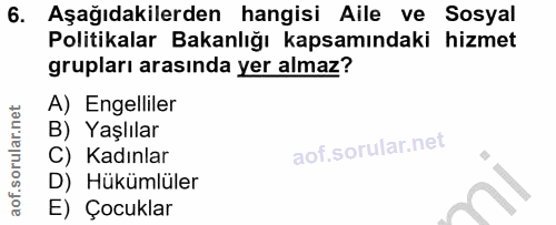 6. soru: Aşağıdakilerden hangisi Aile ve Sosyal Politikalar Bakanlığı kapsamındaki hizmet grupları arasında yer almaz? A) Enge…
