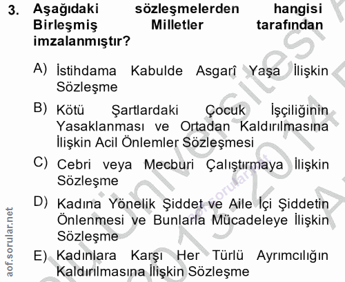 3. soru: Aşağıdaki sözleşmelerden hangisi Birleşmiş Milletler tarafından imzalanmıştır? A) İstihdama Kabulde Asgari Yaşa ilişk…