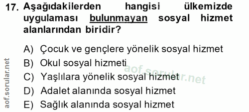 17. soru: Aşağıdakilerden hangisi ülkemizde uygulaması bulunmayan sosyal hizmet alanlarından biridir? A) Çocuk ve gençlere yöne…