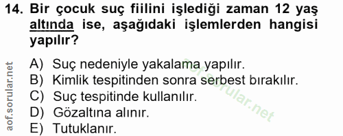 14. soru: Bir çocuk suç fiilini işlediği zaman 12 yaş altında ise, aşağıdaki işlemlerden hangisi yapılır? A) Suç nedeniyle yaka…