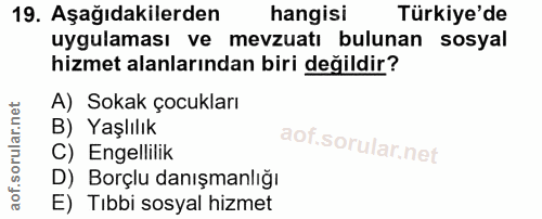 19. soru: Aşağıdakilerden hangisi Türkiye'de uygulaması ve mevzuatı bulunan sosyal hizmet alanlarından biri değildir? A) Sokak…