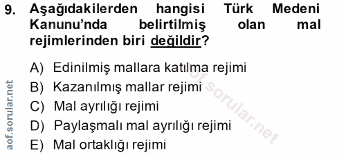 9. soru: Aşağıdakilerden hangisi Türk Medeni Kanunu'nda belirtilmiş olan mal rejimlerinden biri değildir? A) Edinilmiş mallara…
