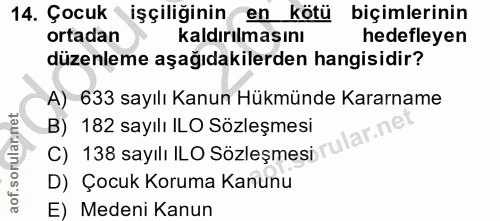14. soru: Çocuk işçiliğinin en kötü biçimlerinin ortadan kaldırılmasını hedefleyen düzenleme aşağıdakilerden hangisidir? A) 633…