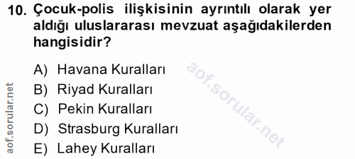 10. soru: Çocuk-polis ilişkisinin ayrıntılı olarak yer aldığı uluslararası mevzuat aşağıdakilerden hangisidir? A) Havana Kurall…
