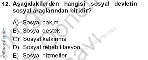 12. soru: Aşağıdakilerden hangisi sosyal devletin sosyal araçlarından biridir? A) Sosyal bakım B) Sosyal destek lar.ne C) Sosya…