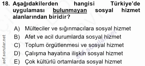 18. soru: Aşağıdakilerden hangisi Türkiye'de uygulaması bulunmayan sosyal hizmet alanlarından biridir? A) Mülteciler ve sığınma…