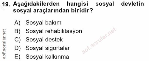 19. soru: Aşağıdakilerden hangisi sosyal devletin sosyal araçlarından biridir? A) Sosyal bakım B) Sosyal rehabilitasyon C) Sosy…