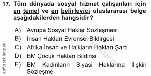 17. soru: Tüm dünyada sosyal hizmet çalışanları için en temel ve en belirleyici uluslararası belge aşağıdakilerden hangsidir? A…