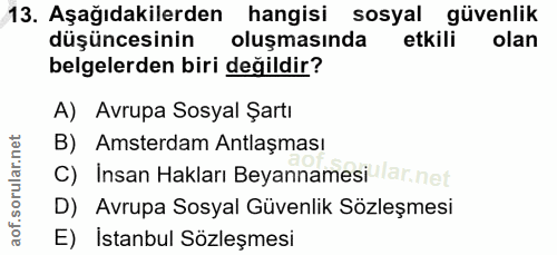 13. soru: Aşağıdakilerden hangisi sosyal güvenlik düşüncesinin oluşmasında etkili olan belgelerden biri değildir? A) Avrupa Sos…