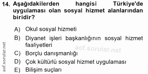 14. soru: Aşağıdakilerden hangisi Türkiye'de uygulaması olan sosyal hizmet alanlarından biridir? A) Okul sosyal hizmeti B) Diya…