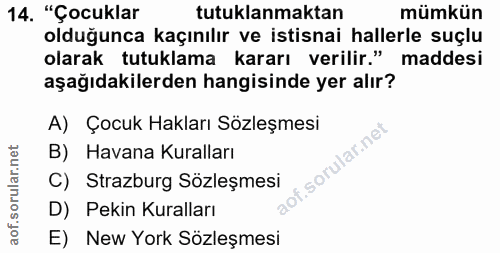 14. soru: "Çocuklar tutuklanmaktan mümkün olduğunca kaçınılır ve istisnai hallerle suçlu olarak tutuklama kararı verilir." madd…