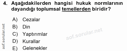 4. soru: Aşağıdakilerden hangisi hukuk normlarının dayandığı toplumsal temellerden biridir? A) Cezalar B) Din C) Yaptırımlar D…