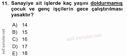 11. soru: Sanayiye ait işlerde kaç yaşını doldurmamış çocuk ve genç işçilerin gece çalıştırılması yasaktır? A) 14 B) 15 C) 16 D…