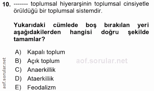 10. soru: — toplumsal hiyerarşinin toplumsal cinsiyetle örüldüğü bir toplumsal sistemdir. Yukarıdaki cümlede boş bırakılan yeri…