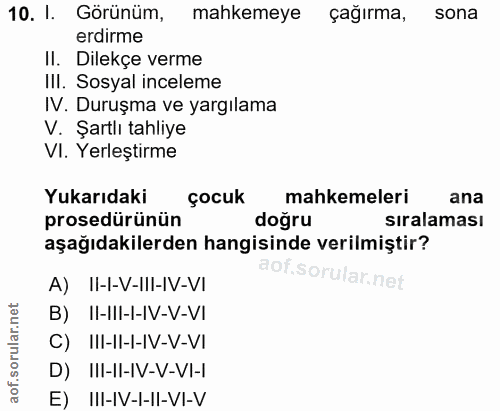 10. soru: 1. Görünüm, mahkemeye çağırma, sona erdirme II. Dilekçe verme III. Sosyal inceleme IV. Duruşma ve yargılama V. Sartlı…