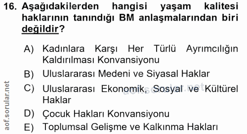 16. soru: Aşağıdakilerden hangisi yaşam kalitesi haklarının tanındığı BM anlaşmalarından biri değildir? A) Kadınlara Karşı Her…