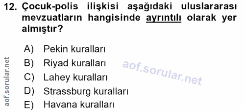 12. soru: Çocuk-polis ilişkisi aşağıdaki uluslararası mevzuatların hangisinde ayrintıl! olarak yer almıştır? A) Pekin kuralları…