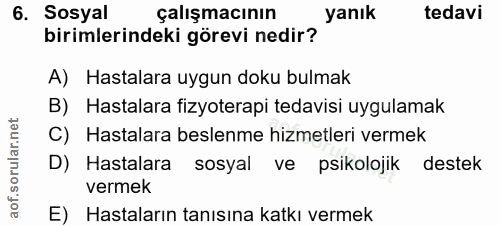 6. soru: Sosyal çalışmacının yanık tedavi birimlerindeki görevi nedir? A) Hastalara uygun doku bulmak B) Hastalara fizyoterapi…