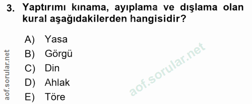 3. soru: Yaptırımı kınama, ayıplama ve dışlama olan kural aşağıdakilerden hangisidir? A) Yasa B) Görgü C) Din D) Ahlak E) Töre