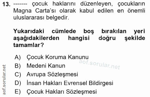 13. soru: -- çocuk haklarını düzenleyen, çocukların Magna Carta'sı olarak kabul edilen en önemli uluslararası belgedir. Yukarıd…