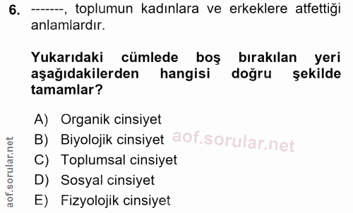 6. soru: -- toplumun kadınlara ve erkeklere atfettiği anlamlardır. Yukarıdaki cümlede boş bırakılan yeri aşağıdakilerden hangi…