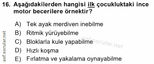 16. soru: Aşağıdakilerden hangisi ilk çocukluktaki ince motor becerilere örnektir? A) Tek ayak merdiven inebilme B) Ritmik yürü…