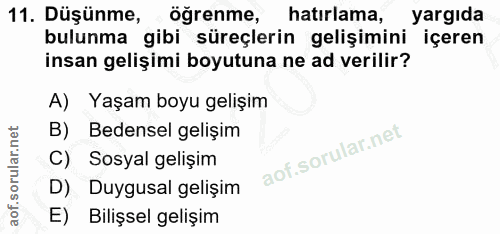 11. soru: Düşünme, ogrenme, hatırlama, yargıda bulunma gibi süreçlerin gelişimini içeren insan gelişimi boyutuna ne ad verilir?…
