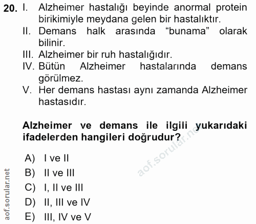 20. soru: I. Alzheimer hastalığı beyinde anormal protein birikimiyle meydana gelen bir hastalıktır. II. Demans halk arasında "b…