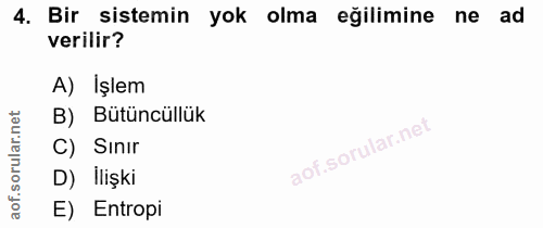 4. soru: Bir sistemin yok olma eğilimine ne ad verilir? A) Işlem B) Bütüncüllük C) Sınır D) İlişki E) Entropi