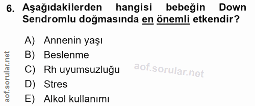 6. soru: Aşağıdakilerden hangisi bebeğin Down Sendromlu doğmasında en önemli etkendir? A) Annenin yaşı B) Beslenme C) Rh uyums…