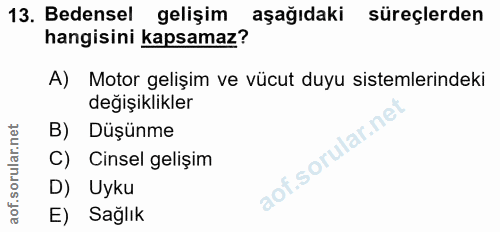 13. soru: Bedensel gelişim aşağıdaki süreçlerden hangisini kapsamaz? A) Motor gelişim ve vücut duyu sistemlerindeki değişiklikl…
