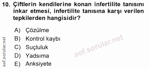 10. soru: Çiftlerin kendilerine konan infertilite tanısını inkar etmesi, infertilite tanısına karşı verilen tepkilerden hangisi…