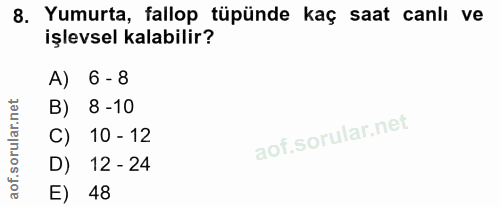 8. soru: Yumurta, fallop tüpünde kaç saat canlı ve işlevsel kalabilir? A) 6 - 8 B) 8 -10 C) 10 - 12 D) 12 - 24 E) 48