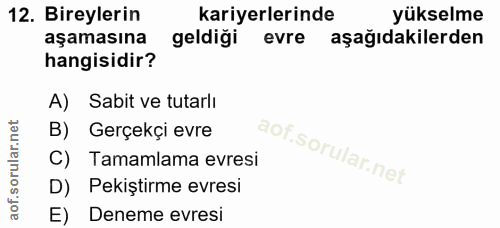 12. soru: Bireylerin kariyerlerinde yükselme aşamasına geldiği evre aşağıdakilerden hangisidir? A) Sabit ve tutarlı B) Gerçekçi…