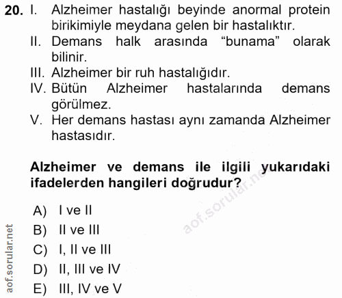 20. soru: I. Alzheimer hastalığı beyinde anormal protein birikimiyle meydana gelen bir hastalıktır. II. Demans halk arasında "b…