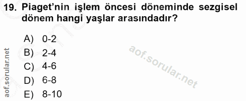 19. soru: Piaget'nin işlem öncesi döneminde sezgisel dönem hangi yaşlar arasındadır? A) 0-2 B) 2-4 C) 4-6 D) 6-8 E) 8-10