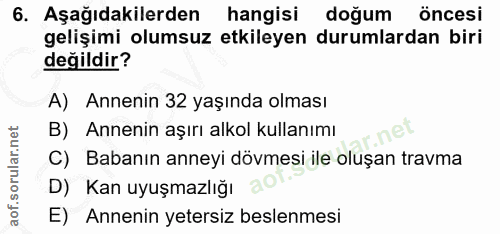6. soru: Aşağıdakilerden hangisi doğum öncesi gelişimi olumsuz etkileyen durumlardan biri değildir? A) Annenin 32 yaşında olma…