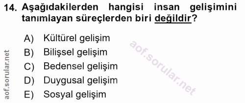 14. soru: Aşağıdakilerden hangisi insan gelişimini tanımlayan süreçlerden biri değildir? A) Kültürel gelişim B) Bilişsel gelişi…