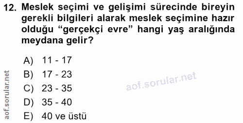 12. soru: Meslek seçimi ve gelişimi sürecinde bireyin gerekli bilgileri alarak meslek seçimine hazır olduğu "gerçekçi evre" han…