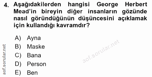 4. soru: Aşağıdakilerden hangisi George Herbert Mead'in bireyin diğer insanların gözünde nasıl göründüğünün düşüncesini açıkla…