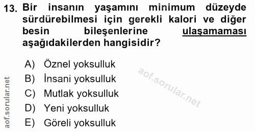 13. soru: Bir insanın yaşamını minimum düzeyde sürdürebilmesi için gerekli kalori ve diğer besin bileşenlerine ulaşamaması aşağ…