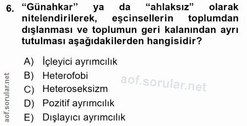 6. soru: "Günahkar" ya da "ahlaksız" olarak nitelendirilerek, eşcinsellerin toplumdan dışlanması ve toplumun geri kalanından a…