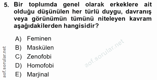 5. soru: Bir toplumda genel olarak erkeklere ait olduğu düşünülen her türlü duygu, davranış veya görünümün tümünü niteleyen ka…